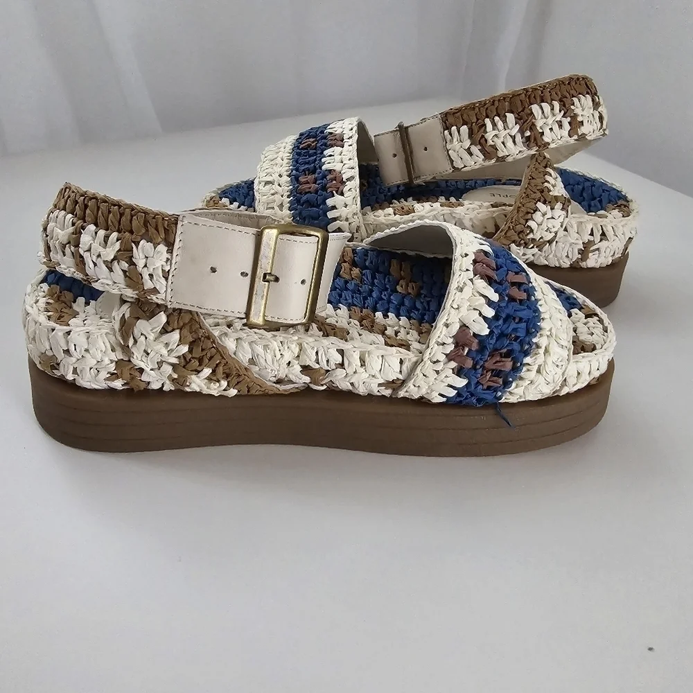 NIB Free People Boho Roma Raffia Sandals Platform Blue Cream Size 6 - Picture 11 of 16